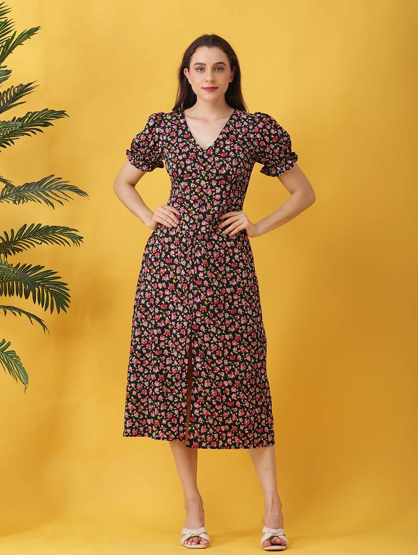 women floral print puff sleeev a-line dress - 22064132 - Standard Image - 2