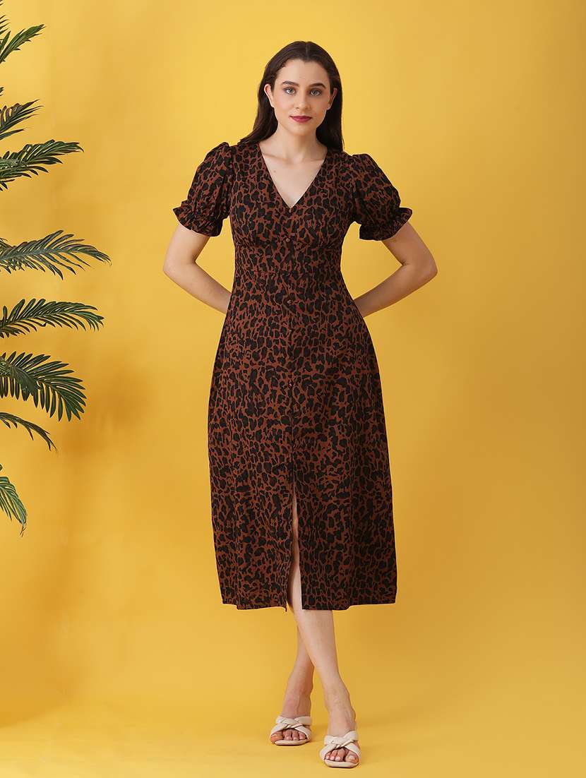 women animal print puff sleeve a-line dress - 22064133 - Standard Image - 2