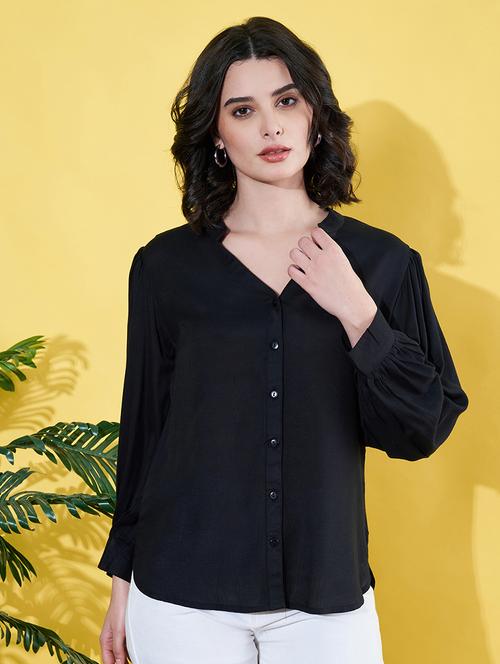 women black solid mandarin neck long sleeve shirt - 22064134 - Standard Image - 0