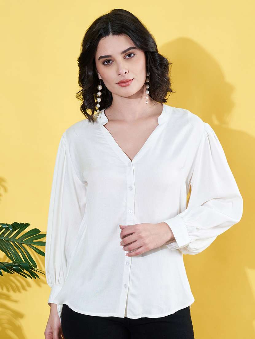 women white solid mandarin neck long sleeve shirt - 22064135 - Zoom Image - 0
