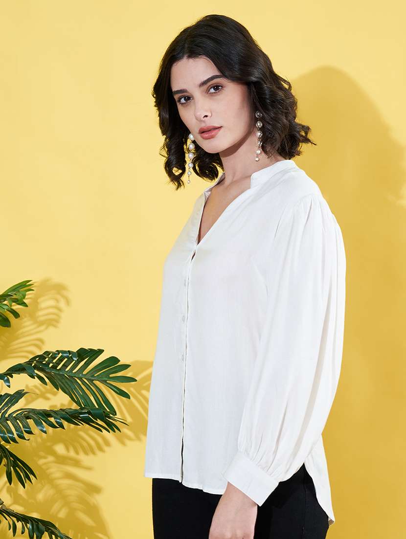 women white solid mandarin neck long sleeve shirt - 22064135 - Standard Image - 2