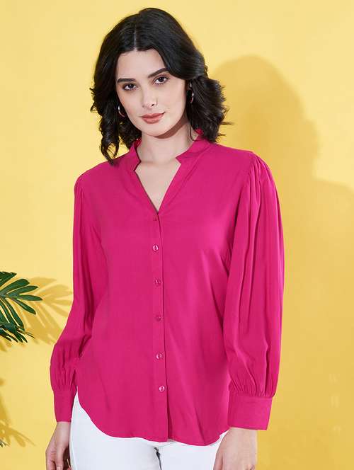 women pink solid mandarin neck long sleeve shirt - 22064136 -  Standard Image - 0