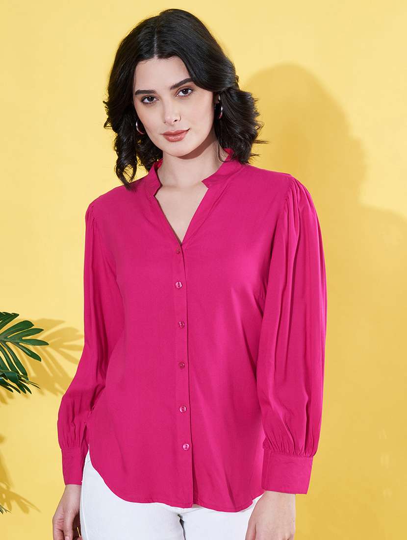 women pink solid mandarin neck long sleeve shirt
