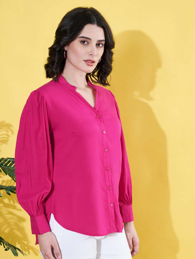 women pink solid mandarin neck long sleeve shirt - 22064136 - Standard Image - 2