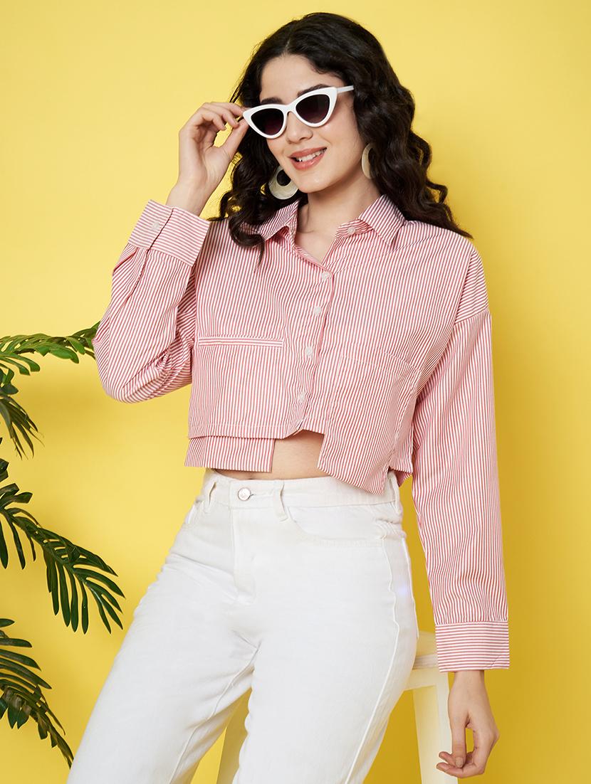 women striped collared long sleeve crop shirt - 22064137 -  Zoom Image - 0