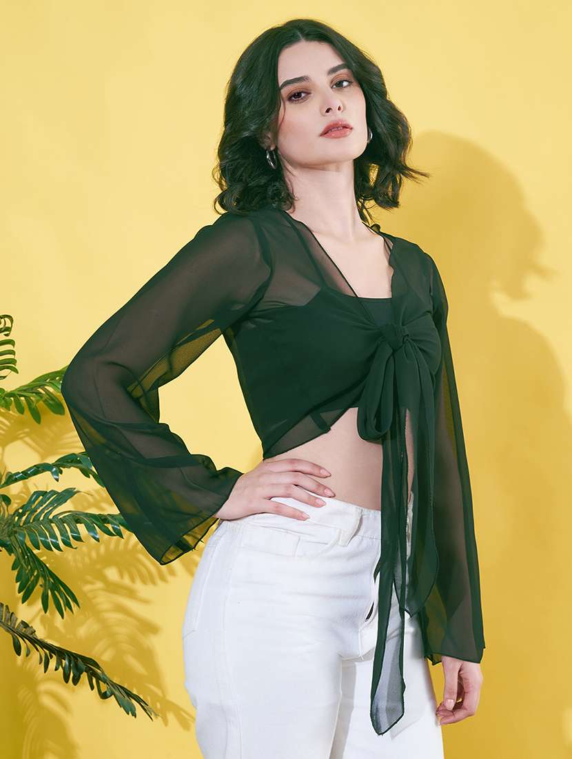 women green bell sleeve crop shrug - 22064138 -  Standard Image - 2