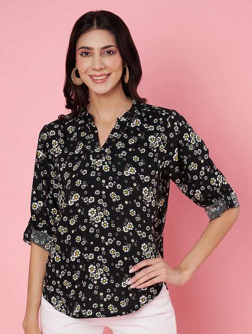 women flloral print roll-up sleeve top - 22064139 - Standard Image - 0