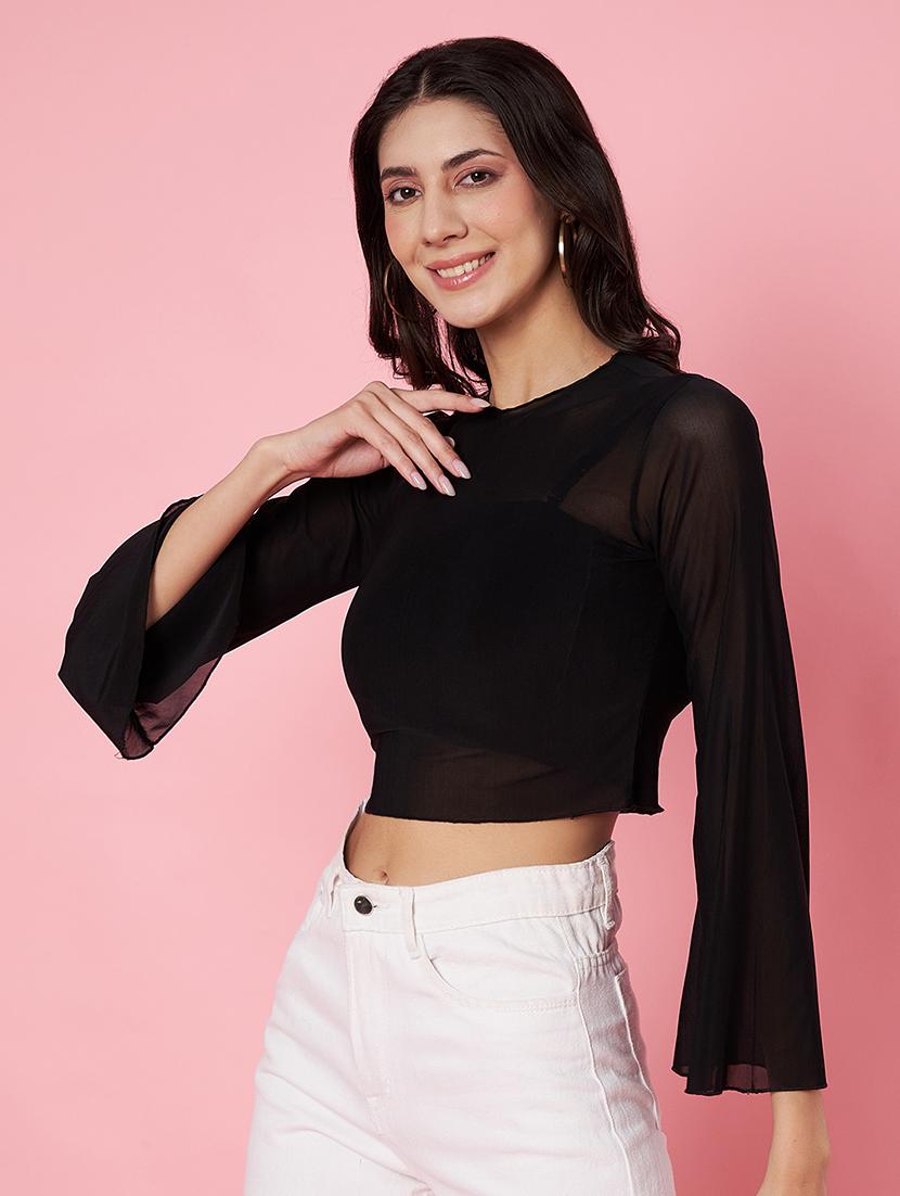 women black solid bell sleeve crop top - 22064140 - Standard Image - 2