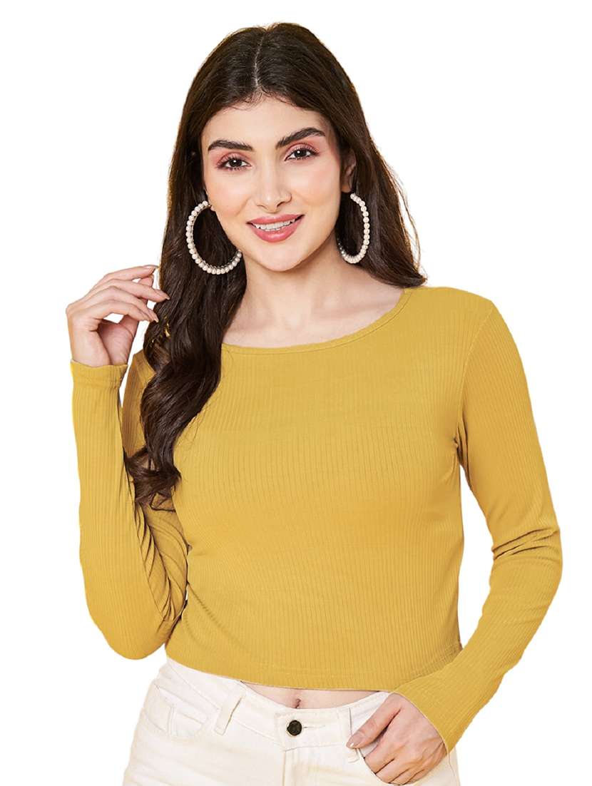 women yellow solid long sleeve crop top