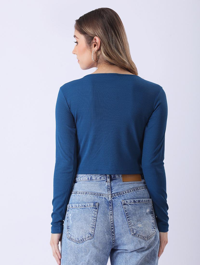 women teal solid long sleeve crop top - 22064142 - Standard Image - 2
