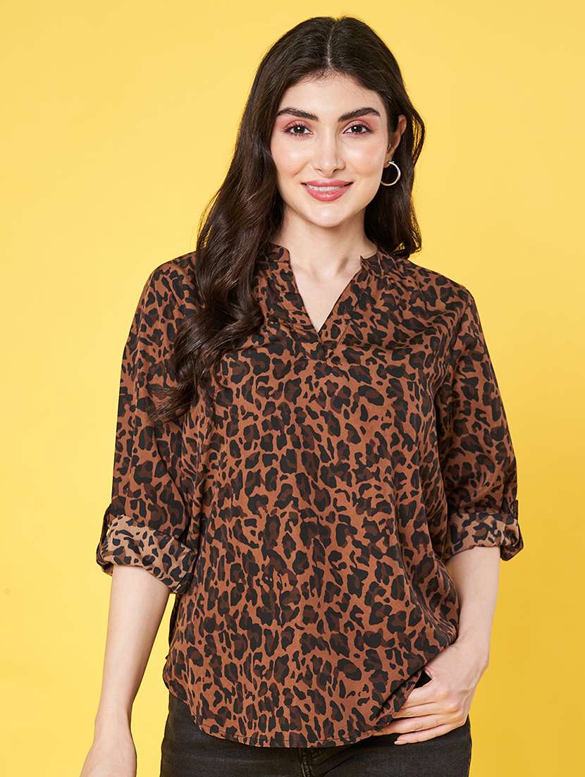 women animal print roll-up sleeve regular top - 22064143 -  Zoom Image - 0