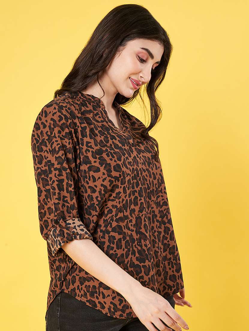 women animal print roll-up sleeve regular top - 22064143 -  Standard Image - 2