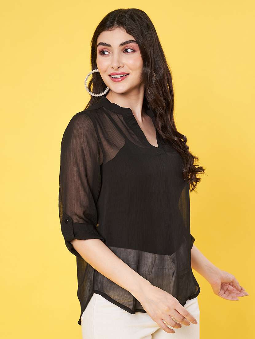 women black solid long sleeve sheer top - 22064145 - Standard Image - 2