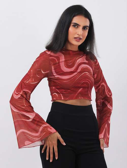 women printed bell slevee crop top - 22064146 - Standard Image - 0