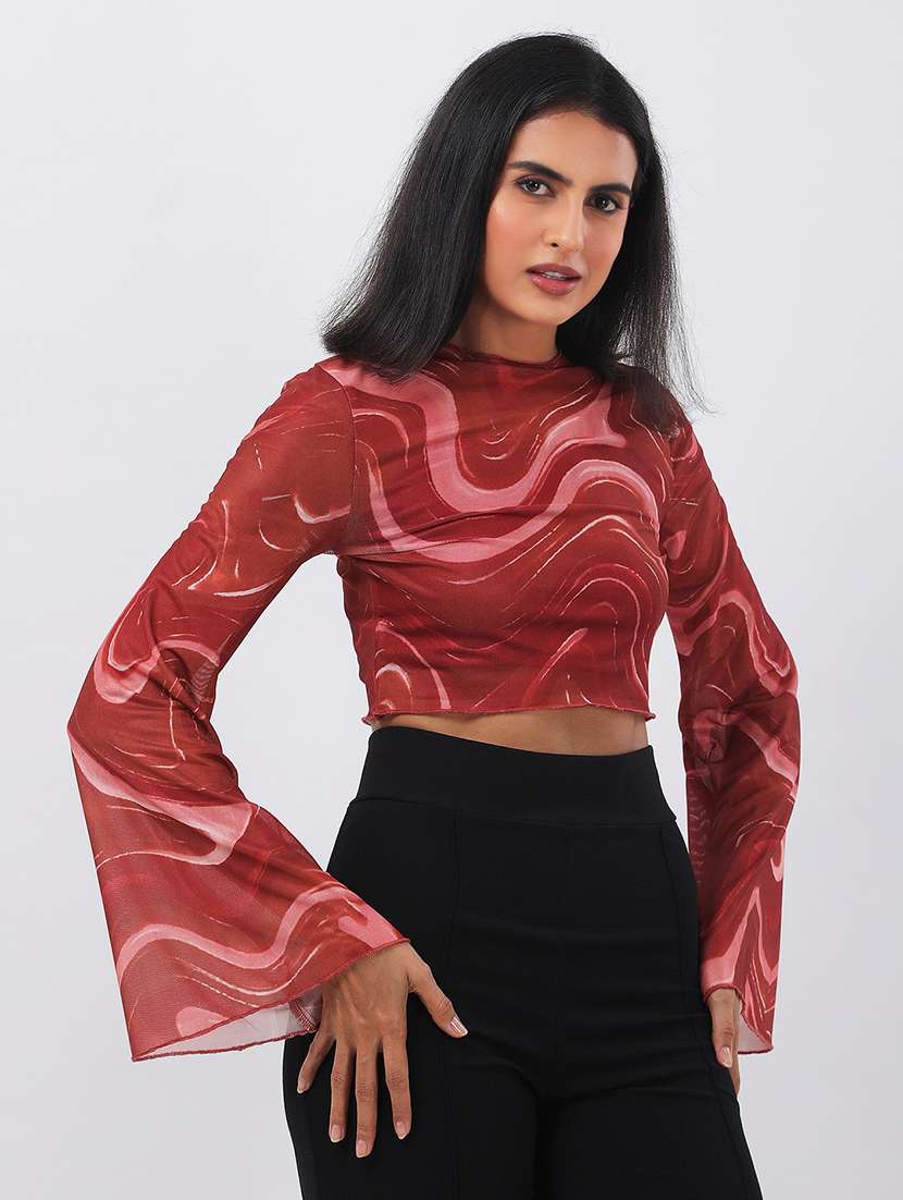 women printed bell slevee crop top - 22064146 - Zoom Image - 0