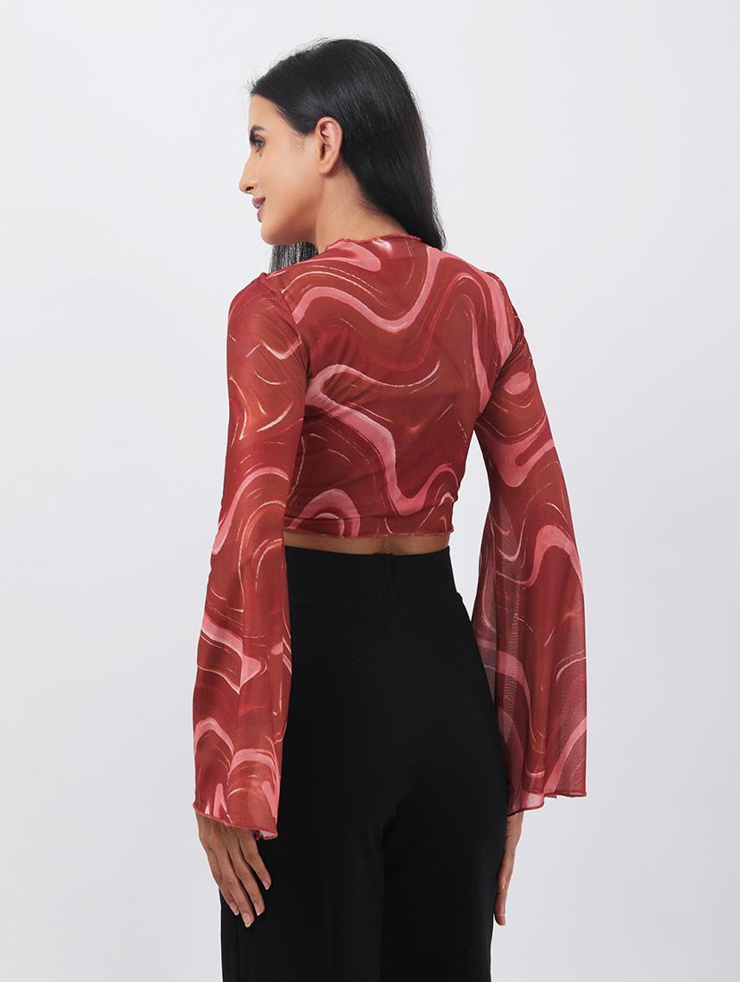 women printed bell slevee crop top - 22064146 - Standard Image - 2