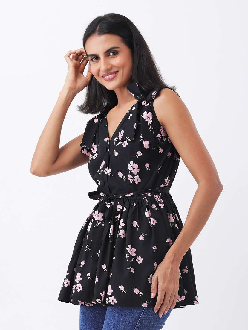 women black floral print sleeveless peplum top - 22064147 - Standard Image - 2