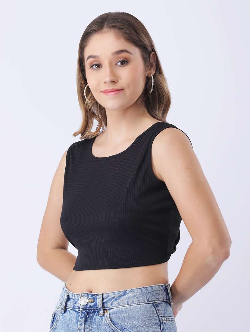 women black solid sleeveless backless crop top