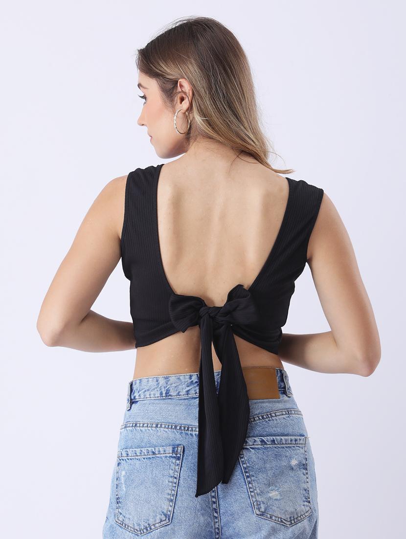 women black solid sleeveless backless crop top - 22064149 - Standard Image - 2
