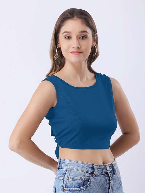 women teal solid sleeveless backless crop top - 22064150 - Standard Image - 0