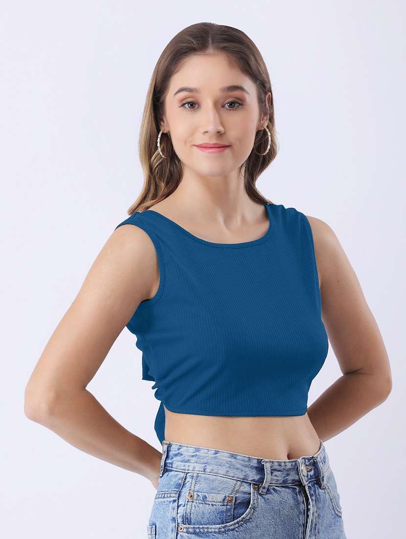 women teal solid sleeveless backless crop top - 22064150 - Zoom Image - 0