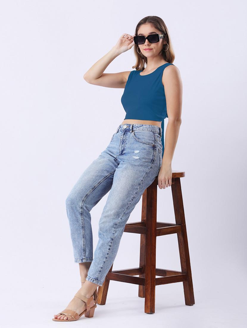 women teal solid sleeveless backless crop top - 22064150 - Standard Image - 2