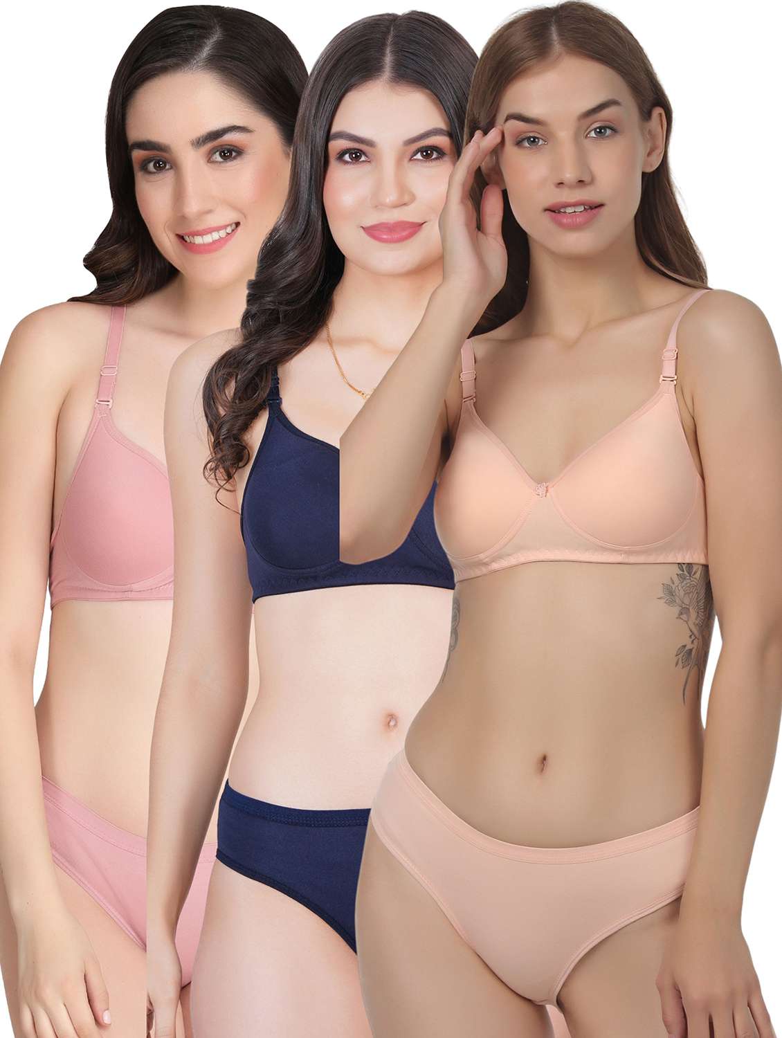 women pack of 3 solid bras and panty set
