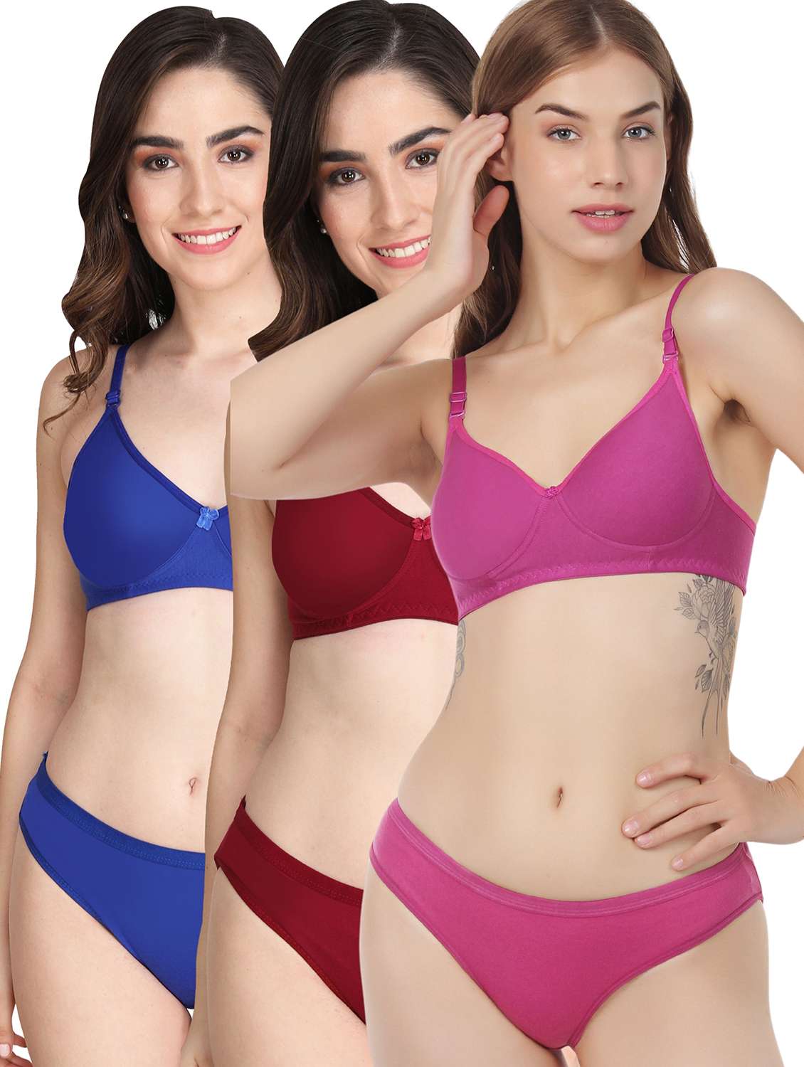 women pack of 3 solid bra and panty set