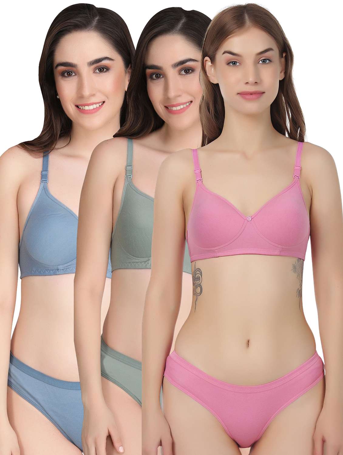 women pack of 3 solid bra and panty set