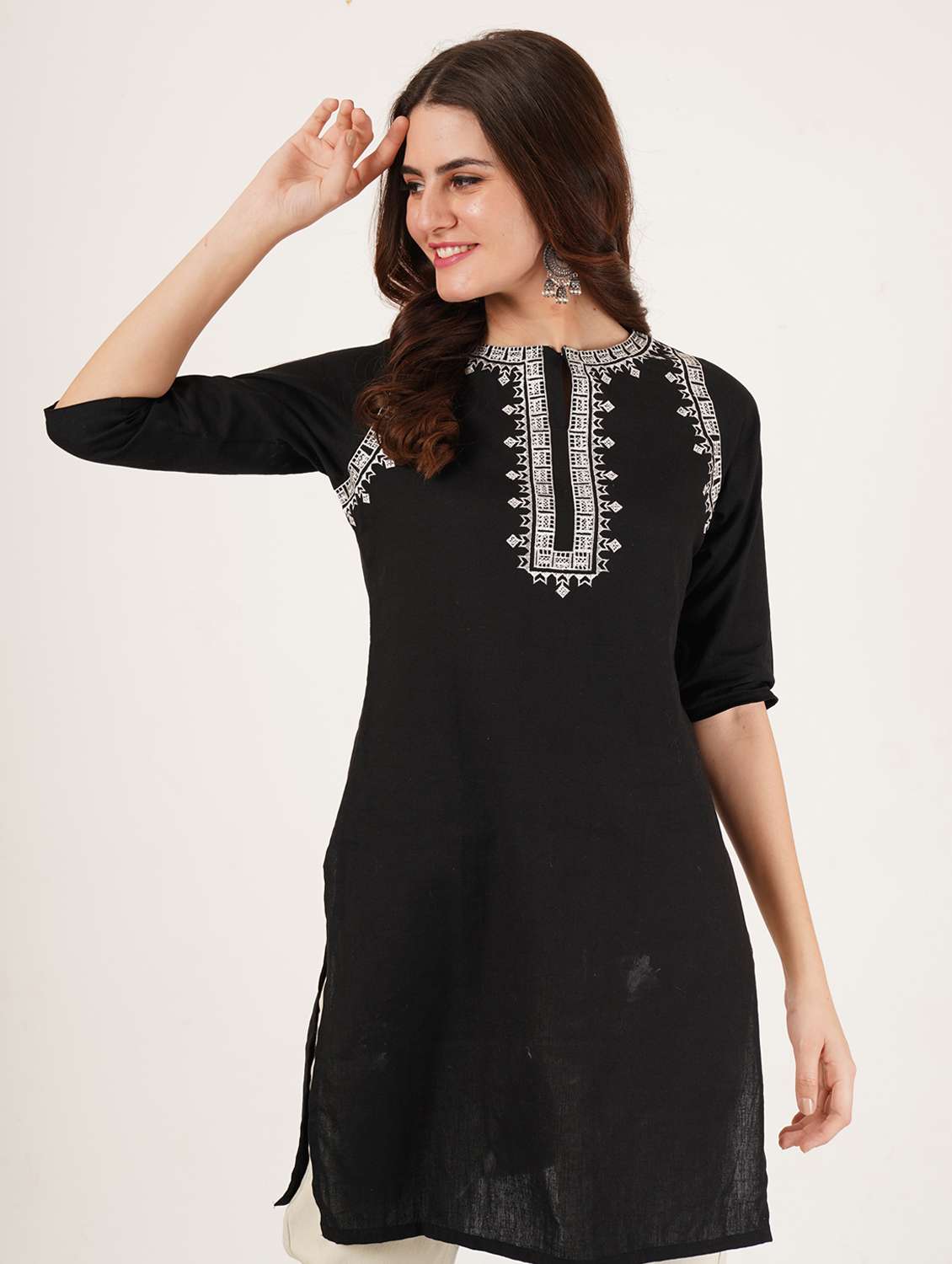 women embroidered three quarter sleeve straight kurti - 22065261 - Standard Image - 2
