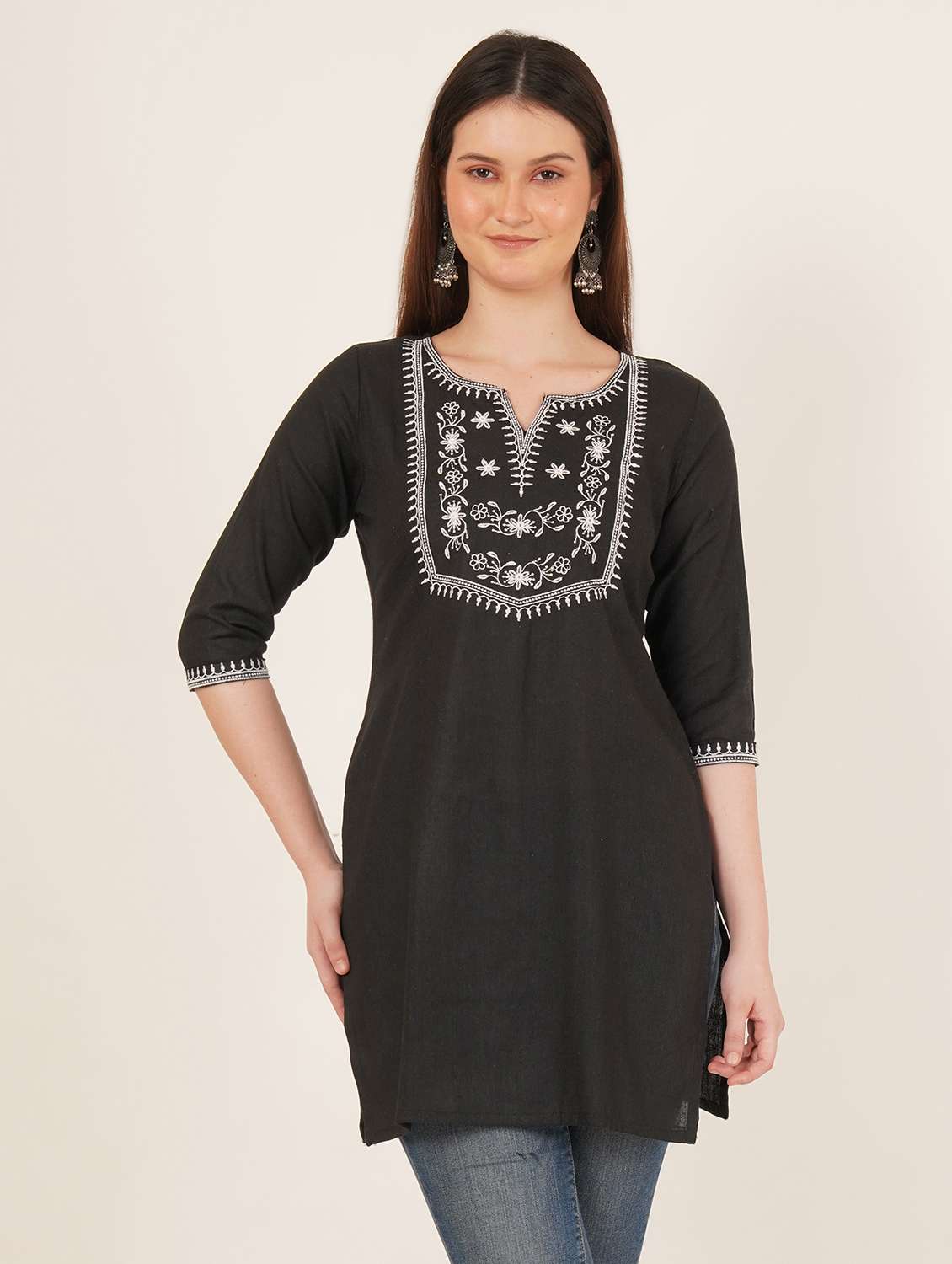 women embroidered three quarter sleeve straight kurti