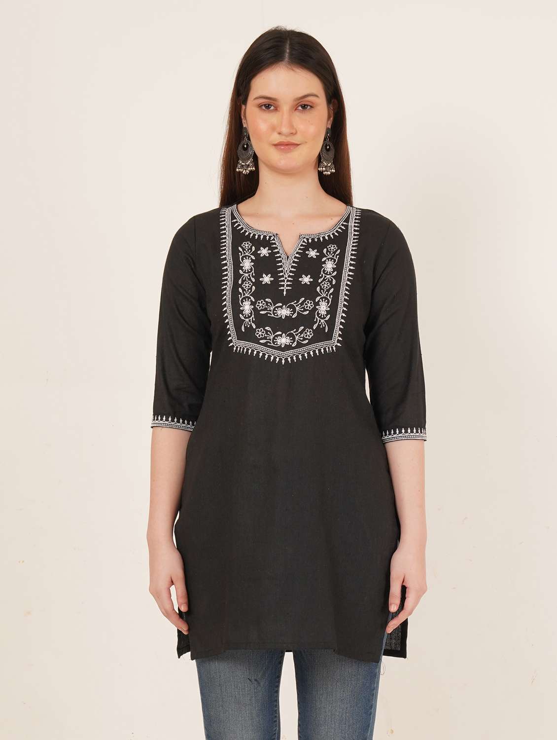 women embroidered three quarter sleeve straight kurti - 22065264 -  Standard Image - 2