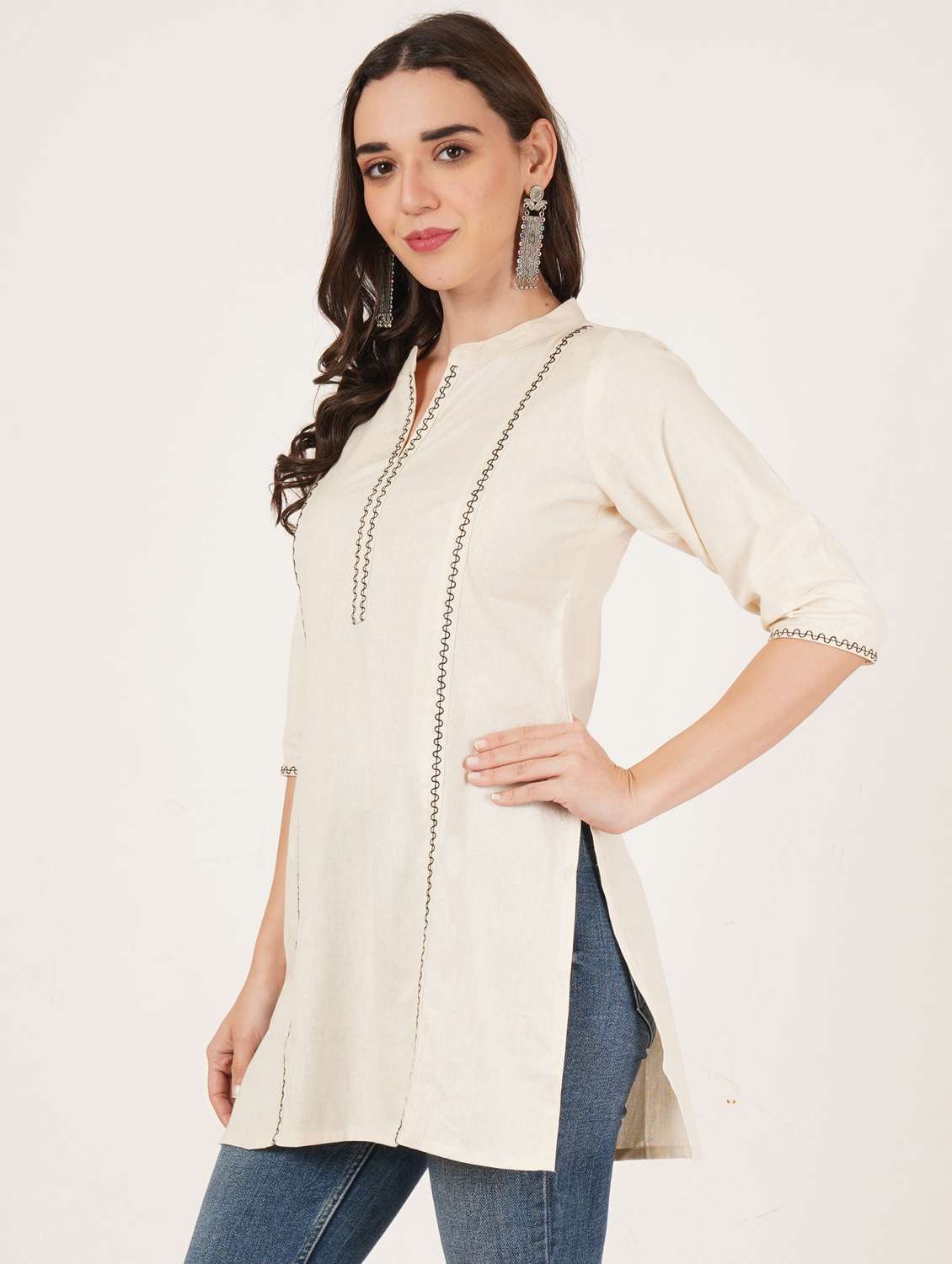 women embroidered three quarter sleeve straight kurti - 22065275 -  Standard Image - 2