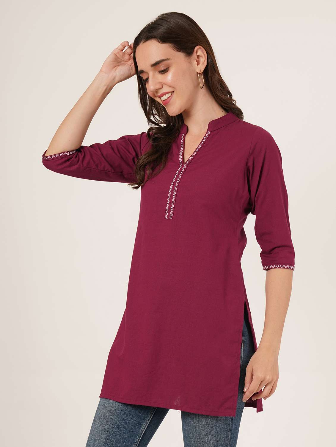 women solid three quarter sleeve straight kurti - 22065280 -  Standard Image - 2