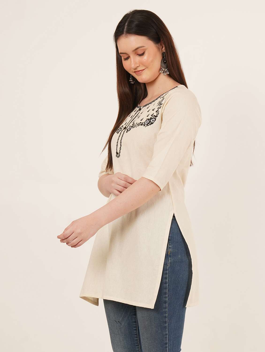 women embroidered three quarter sleeve straight kurti - 22065281 -  Standard Image - 2