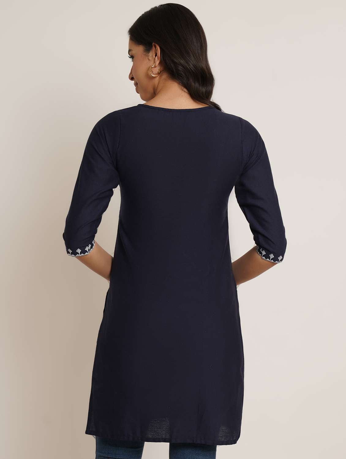 women solid wiith work sleeveless straight kurti - 22065283 - Standard Image - 2