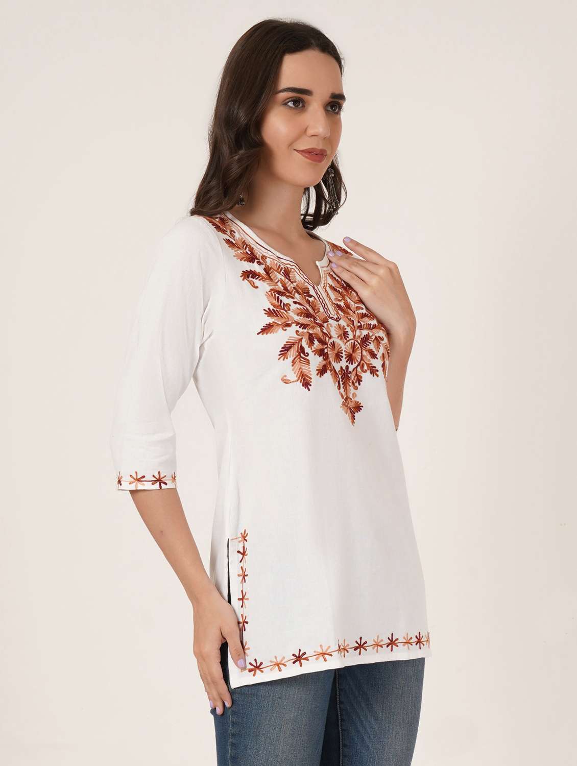 women embroidered three quarter sleeve straight kurti - 22065828 -  Standard Image - 2