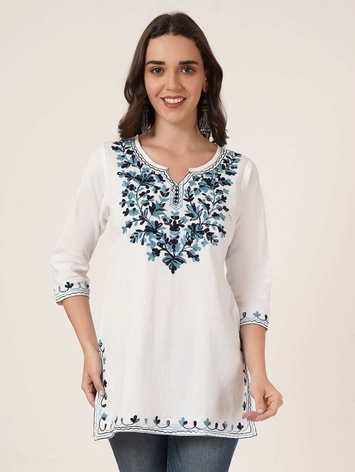 women embroidered three quarter sleeve straight kurti