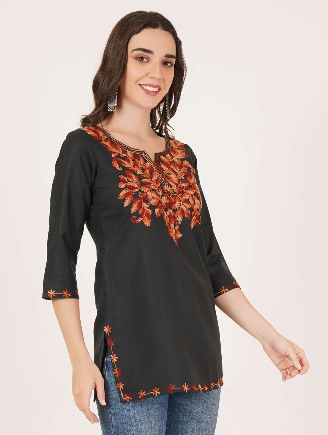 women embroidered three quarter sleeve straight kurti - 22065830 - Standard Image - 2