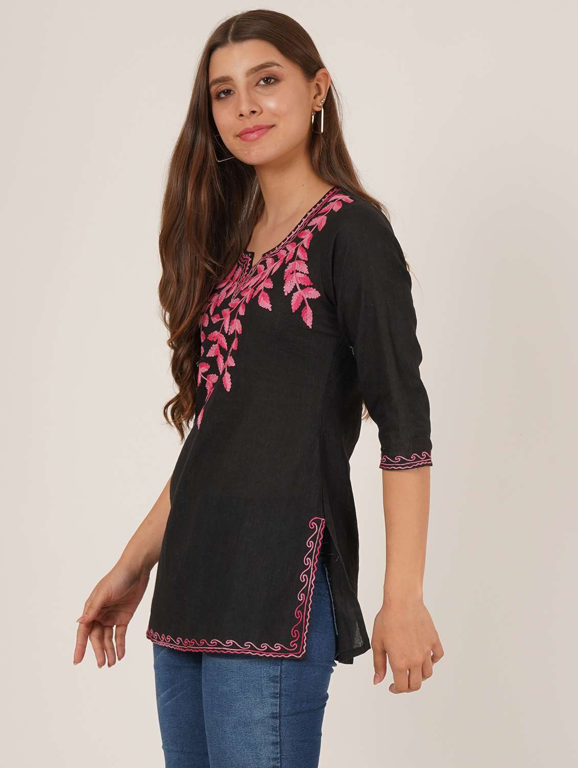 women embroidered three quarter sleeve straight kurti - 22065831 -  Standard Image - 2