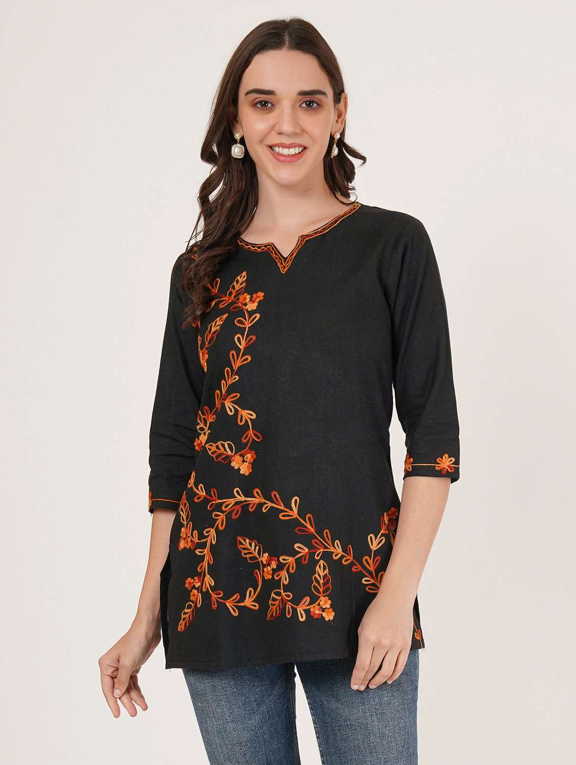 women embroidered three quarter sleeve straight kurti - 22065834 -  Zoom Image - 0