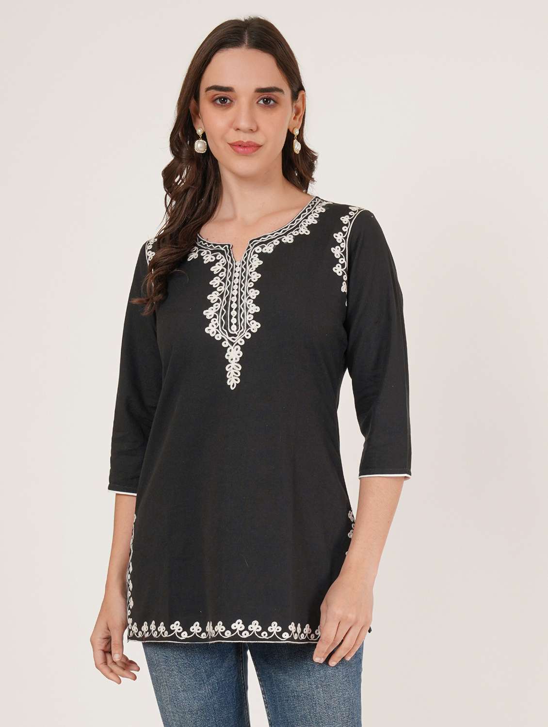 women embroidered three quarter sleeve straight kurti