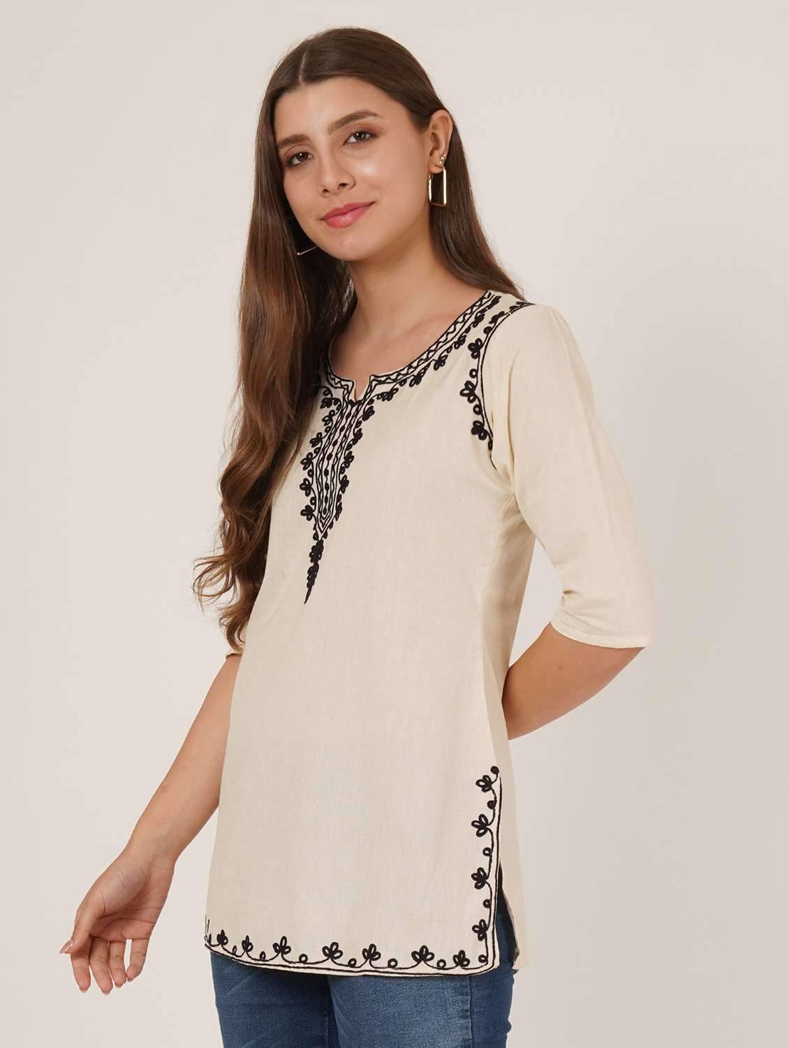 women embroidered three quarter sleeve straight kurti - 22065836 - Standard Image - 2