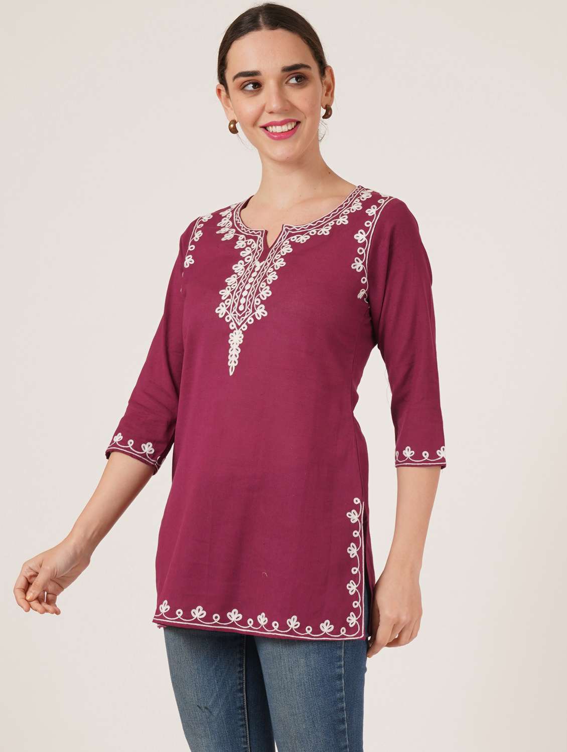 women embroidered three quarter sleeve straight kurti - 22065837 -  Standard Image - 2