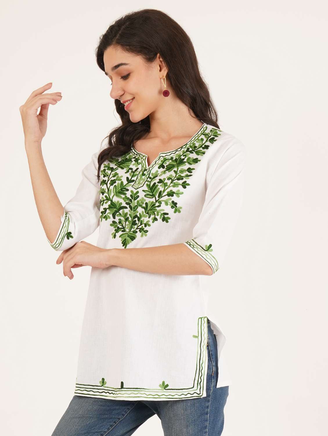 women embroidered three quarter sleeve straight kurti - 22065838 -  Standard Image - 2