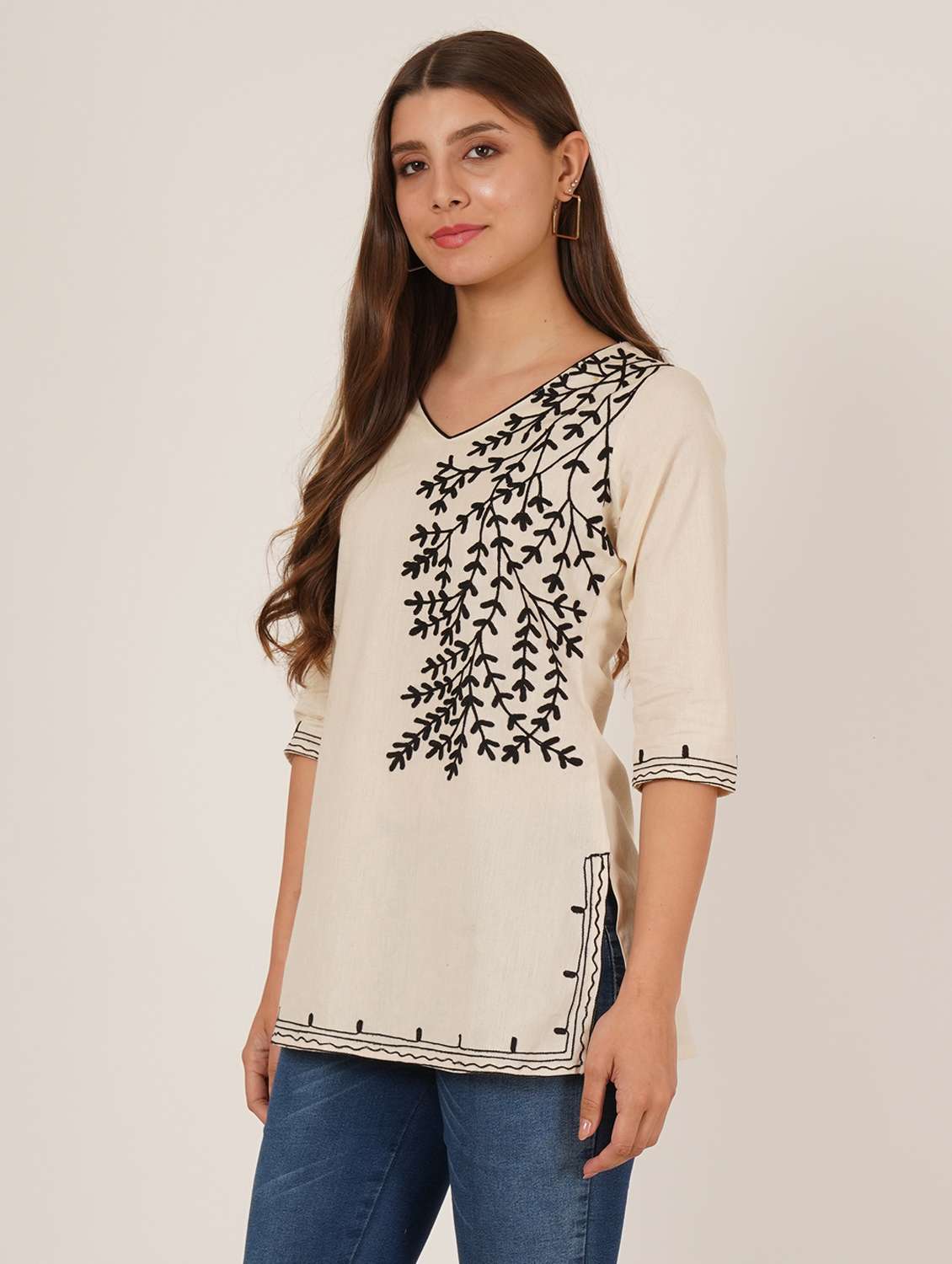 women embroidered three quarter sleeve straight kurti - 22065839 -  Standard Image - 2