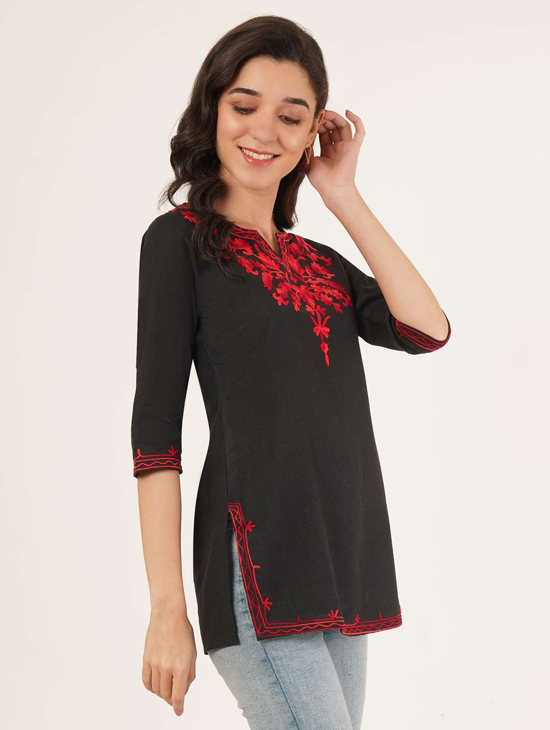women embroidered three quarter sleeve straight kurti - 22065840 - Standard Image - 2