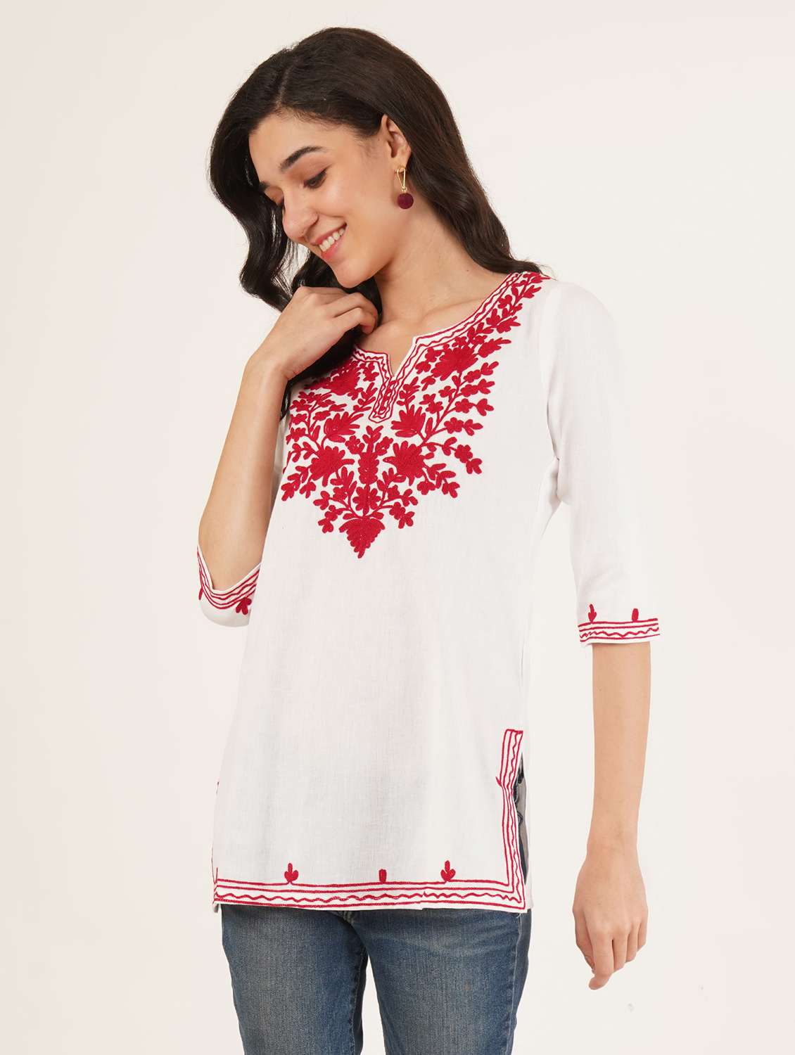 women embroidered three quarter sleeve straight kurti - 22065841 -  Standard Image - 2
