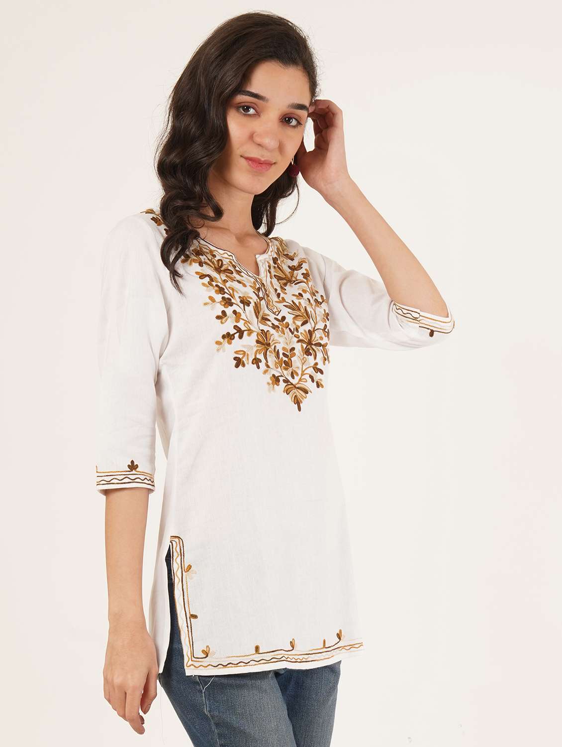 women embroidered three quarter sleeve straight kurti - 22065842 -  Standard Image - 2