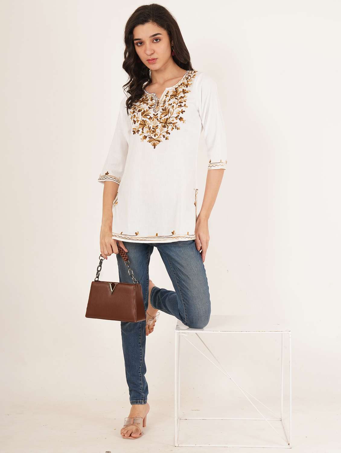 women embroidered three quarter sleeve straight kurti - 22065842 -  Standard Image - 7
